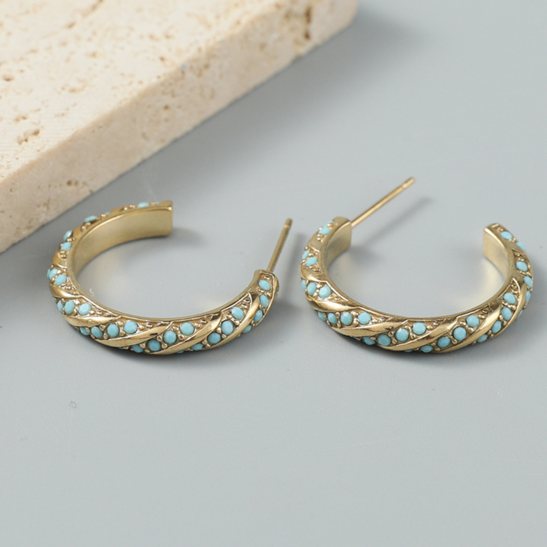 Vintage Half-hoop Earrings with Turquoise Stones