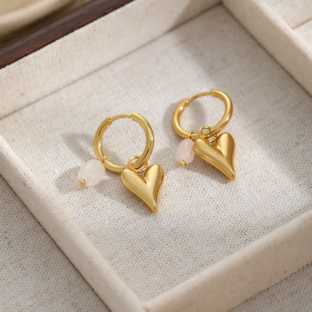 Huggies Hoop Earrings with Heart & Rose Quartz Bead