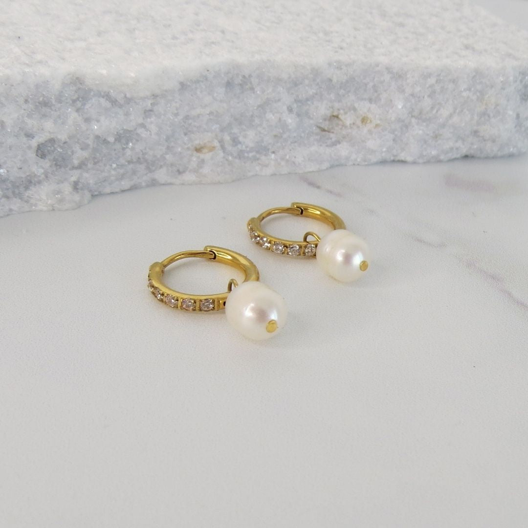 Huggies Hoop Earrings with Zircon detail & Dangle Pearl