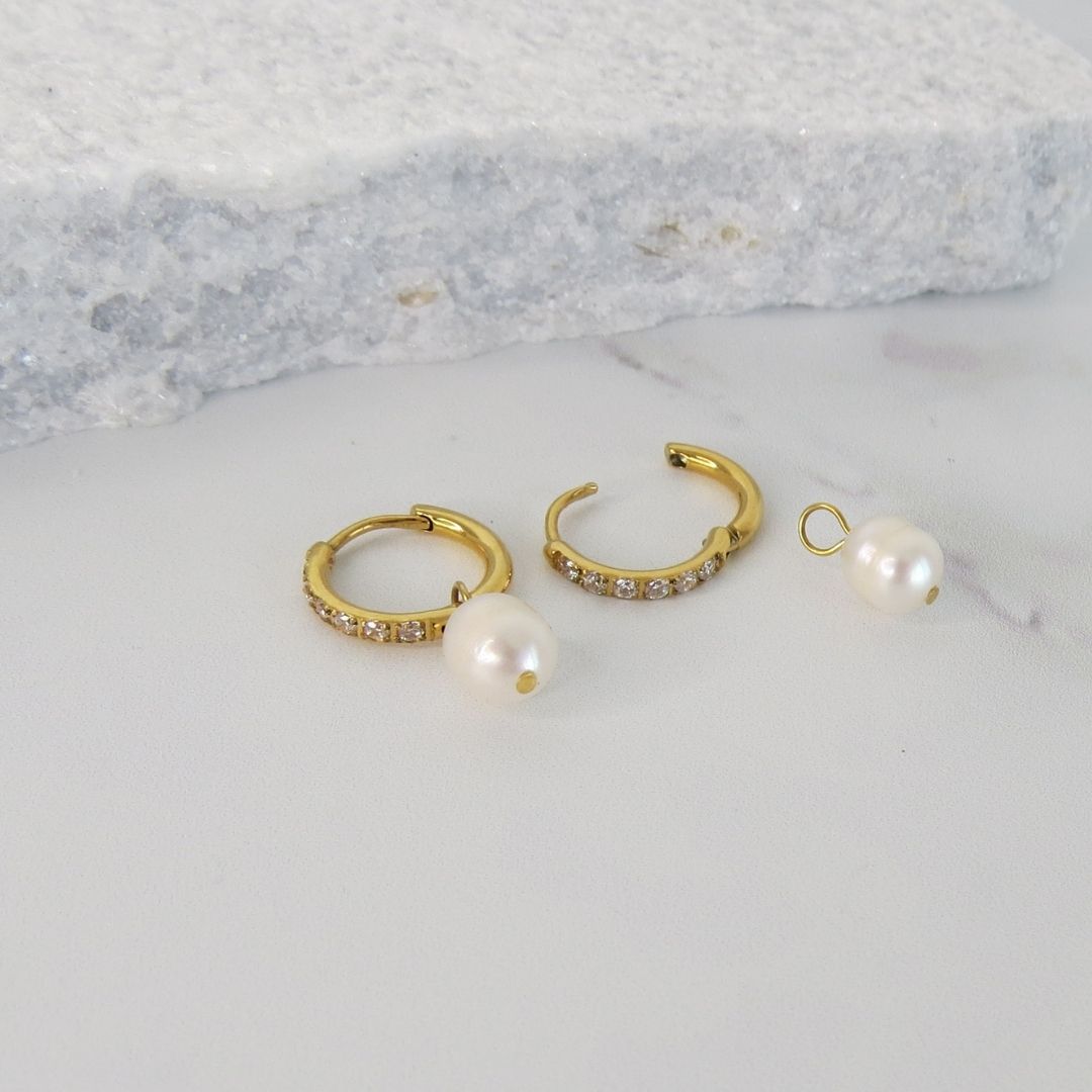 Huggies Hoop Earrings with Zircon detail & Dangle Pearl