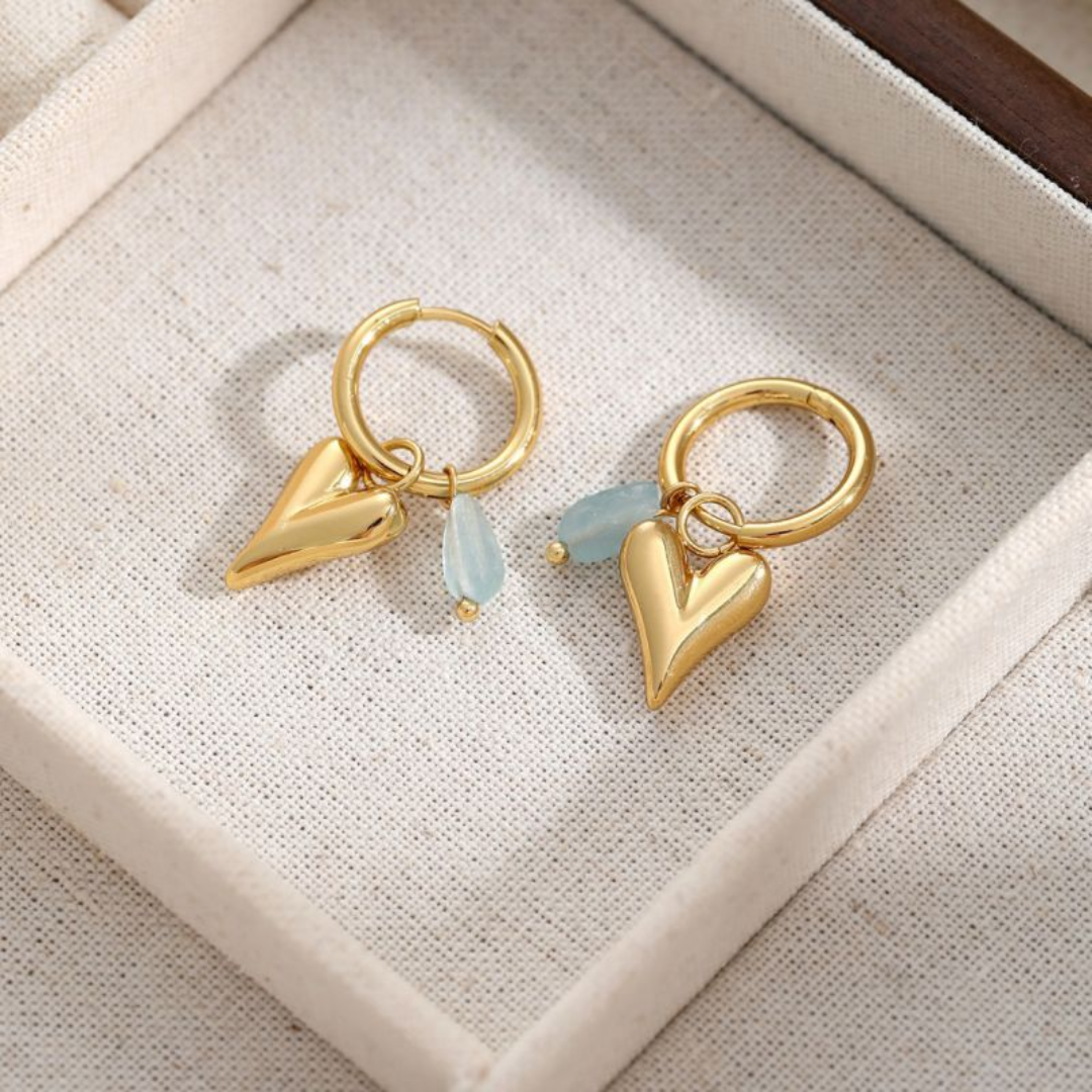 Huggies Hoop Earrings with Heart & Mint Quartz Bead