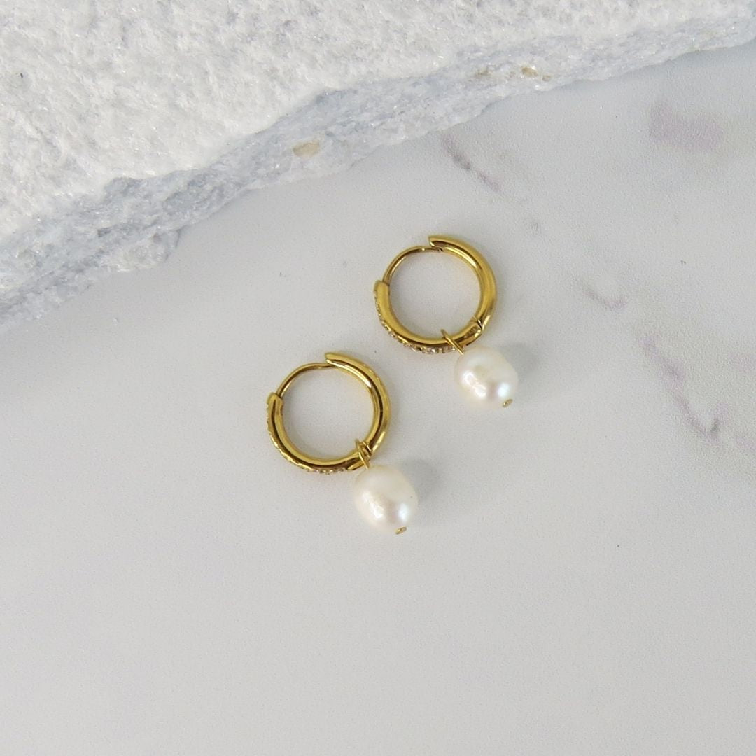 Huggies Hoop Earrings with Zircon detail & Dangle Pearl