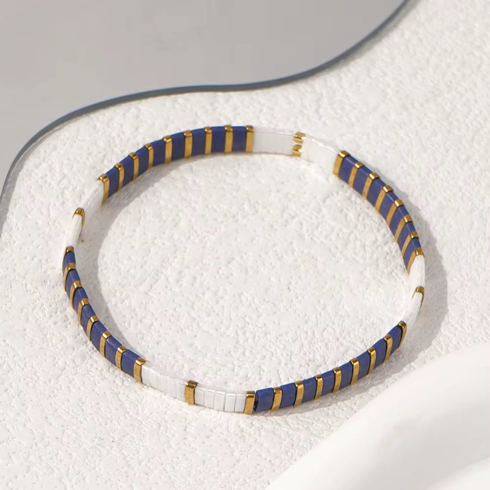 Mosaic Glass Bead Bracelet - White & Deep Blue