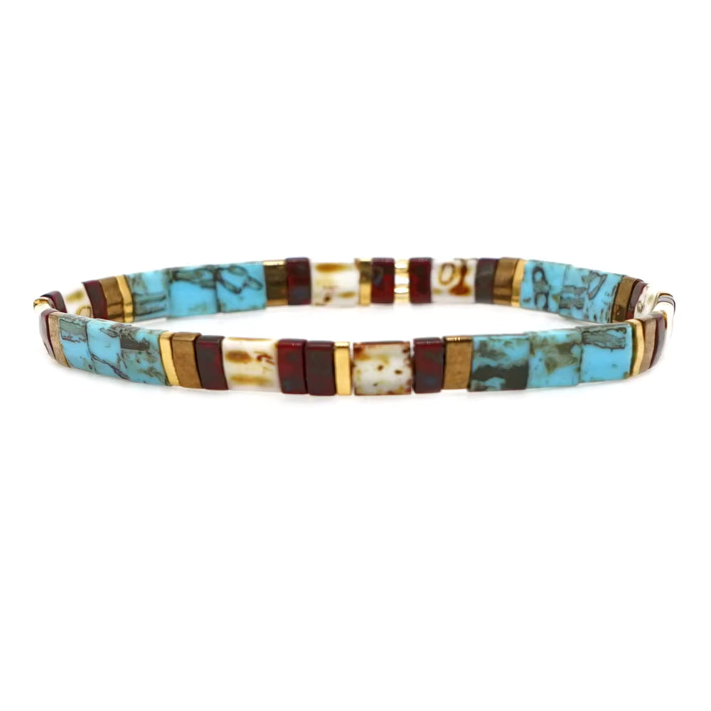 Mosaic Glass Bead Bracelet - Turquoise, Brown & Gold