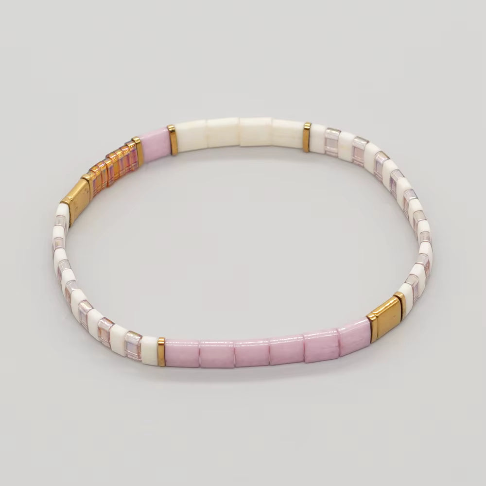 Mosaic Glass Bead Bracelet - White, Lilac & Gold