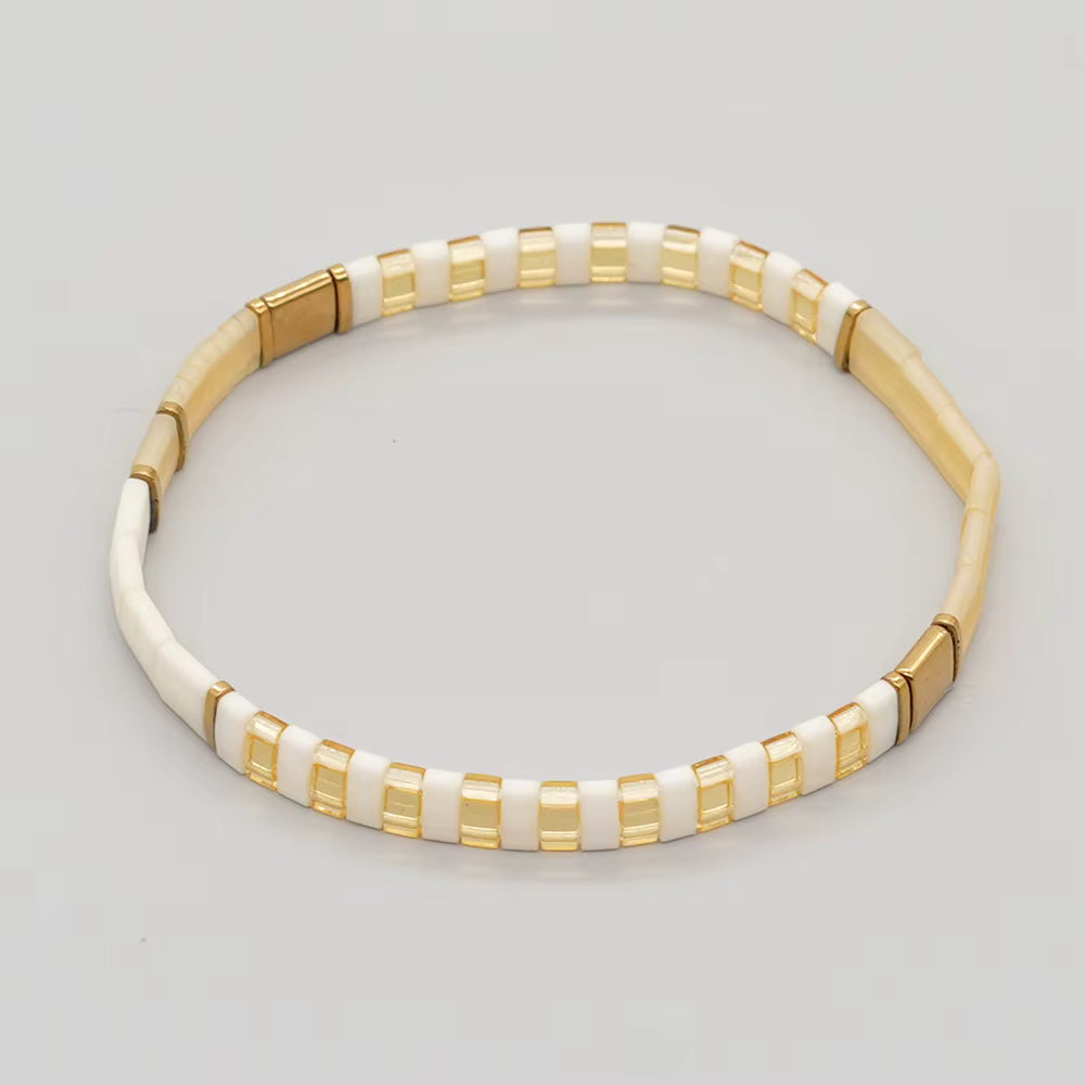 Mosaic Glass Bead Bracelet - White, Gold & Beige