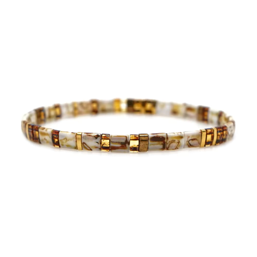 Mosaic Glass Bead Bracelet - Gold & Beige Marbled