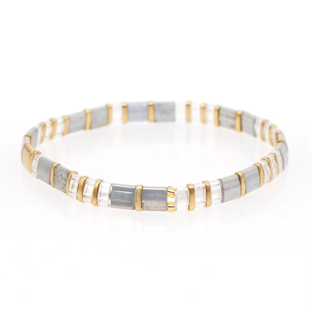Mosaic Glass Bead Bracelet - Grey, Gold & Clear