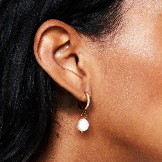 Huggies Hoop Earrings with Zircon detail & Dangle Pearl