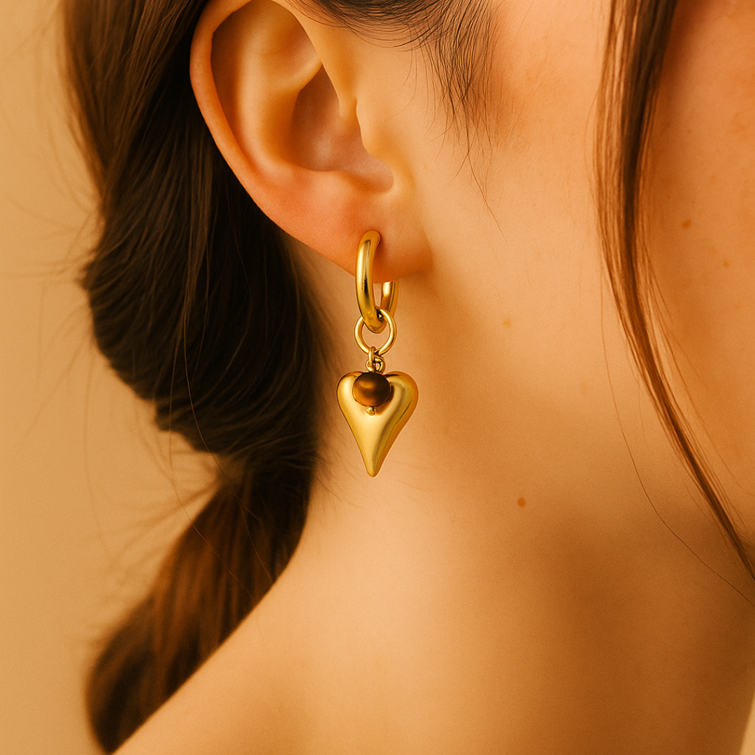 Huggies Hoop Earrings with Heart & Tiger Eye Bead