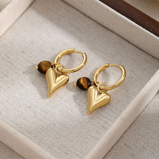 Huggies Hoop Earrings with Heart & Tiger Eye Bead