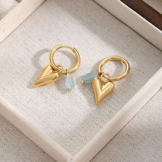 Huggies Hoop Earrings with Heart & Mint Quartz Bead