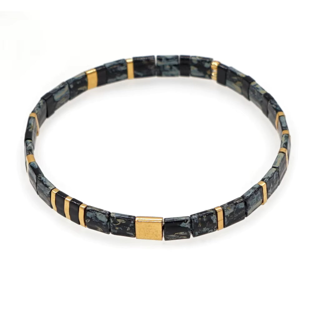 Mosaic Glass Bead Bracelet - Black Marbled