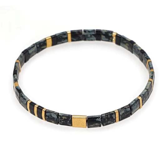 Mosaic Glass Bead Bracelet - Black Marbled