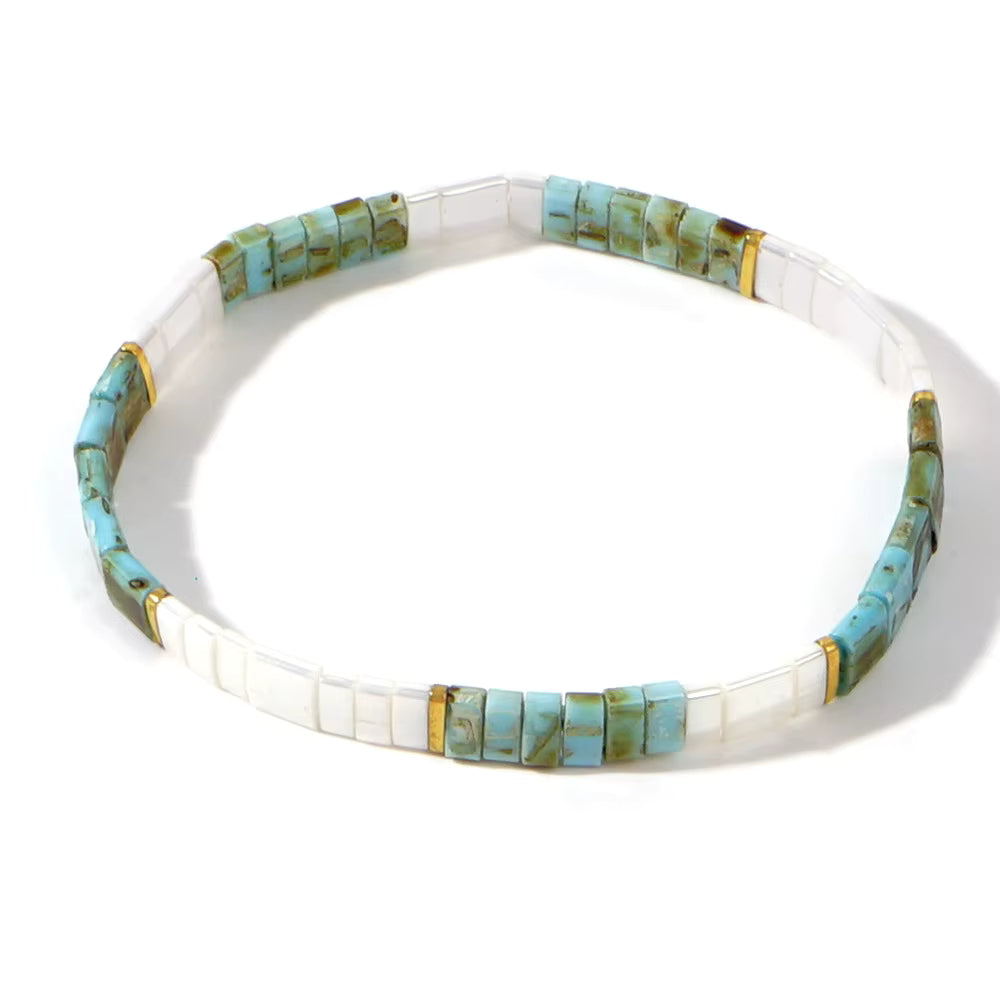 Mosaic Glass Bead Bracelet - Turqoise & White