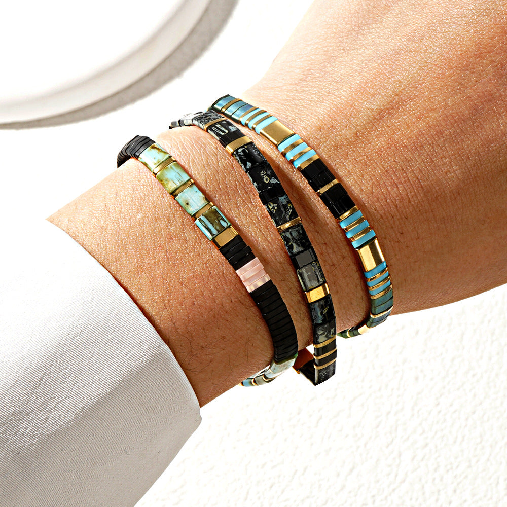 Mosaic Glass Bead Bracelet - Black Marbled