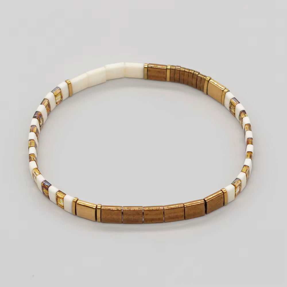 Mosaic Glass Bead Bracelet - White & Bronze