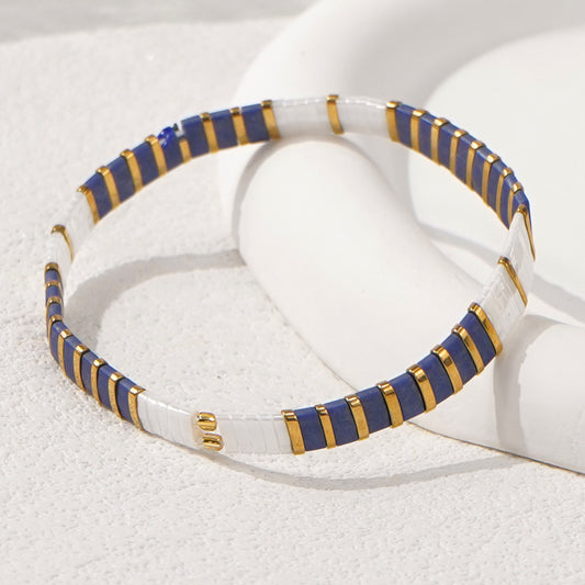 Mosaic Glass Bead Bracelet - White & Deep Blue