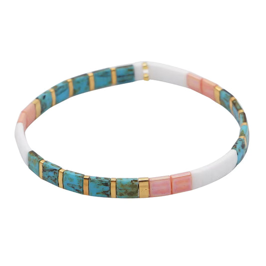 Mosaic Glass Bead Bracelet - Turqoise, Pink & White