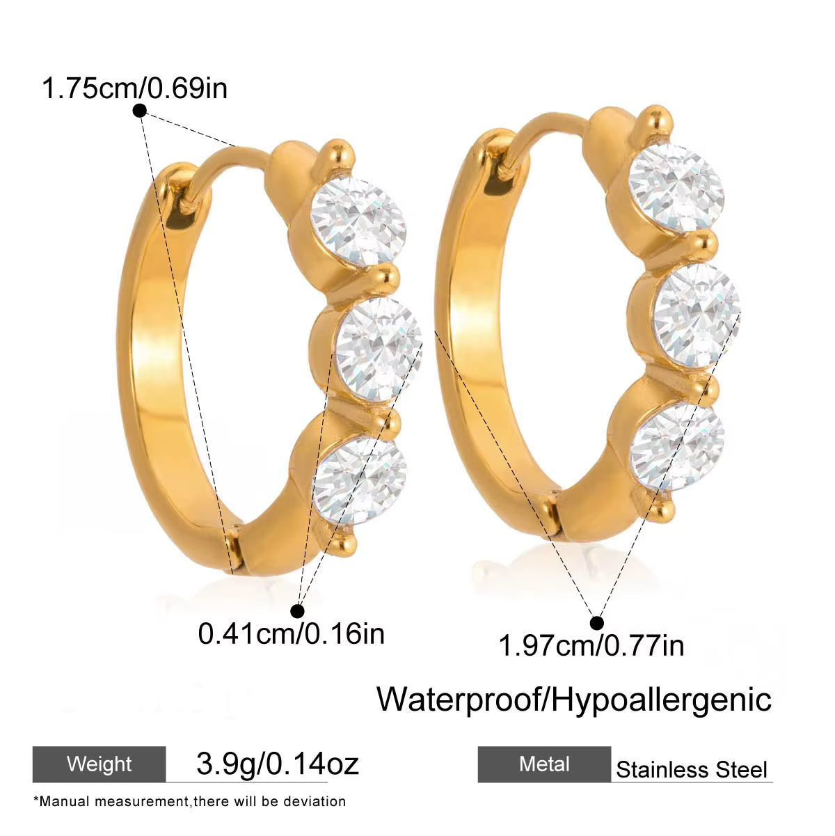 Huggie Earrings with Three Round Zircon detail
