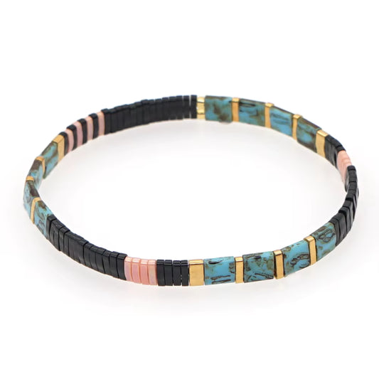 Mosaic Glass Bead Bracelet - Black & Turquoise