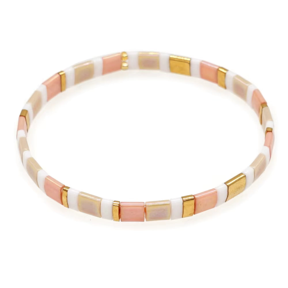 Mosaic Glass Bead Bracelet - White, Peach & Gold
