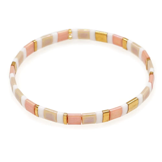 Mosaic Glass Bead Bracelet - White, Peach & Gold