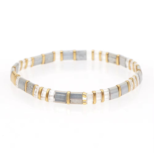 Mosaic Glass Bead Bracelet - Grey, Gold & Clear